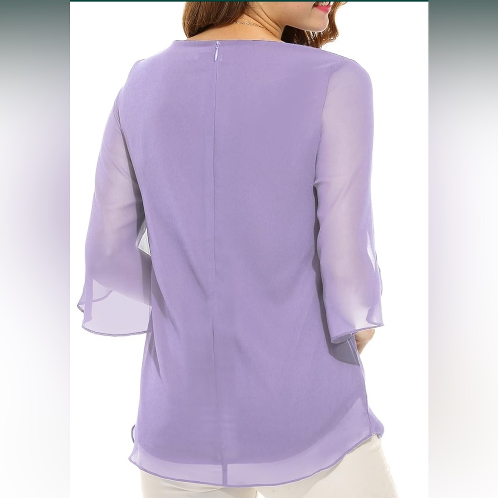 New ACEVOG Womens Casual Scoop Neck Loose Top 3/4 Sleeve Chiffon Blouse Shirt - Picture 3 of 12